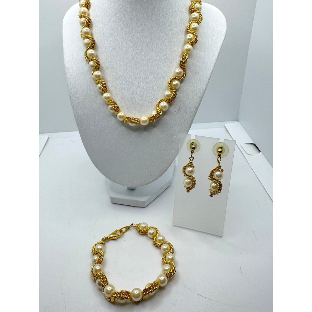 Gold Tone Twisted Rope Faux Pearl Necklace Bracelet Earrings Jewelry Set Romance